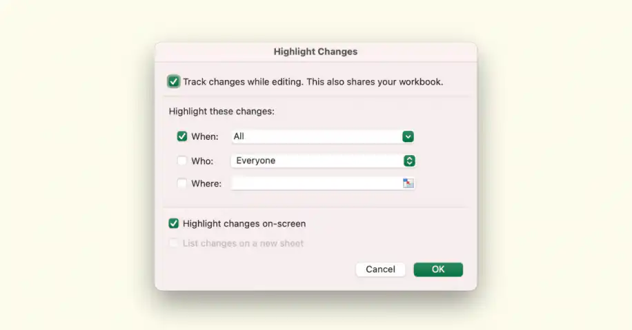 Controlar alterações no Excel: caixa de diálogo Realçar Alterações com Controlar alterações ao editar marcado