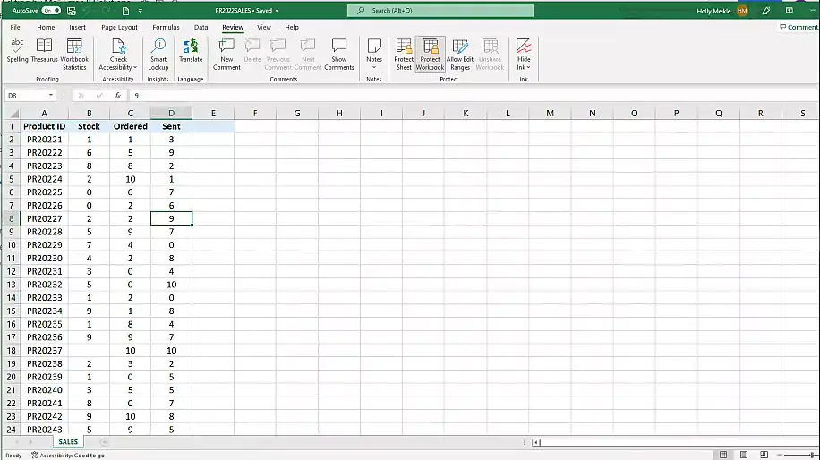 How to unlock Excel file for editing — Review tab open, with Protect Workbook in the ribbon