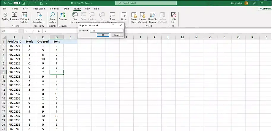 How to unlock Excel file for editing — Unprotect Workbook dialog with the password typed in