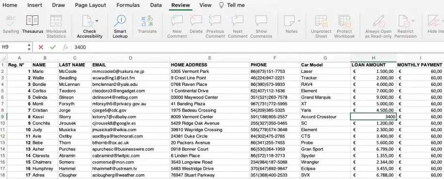 Déverrouiller certaines cellules dans Excel : cellule déverrouillée H9 modifiée en 3400