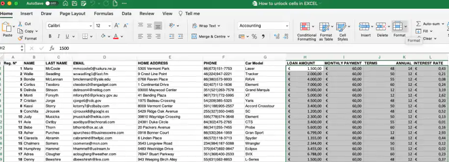 Déverrouiller certaines cellules dans Excel : bouton Format tout à droite de l'onglet Accueil