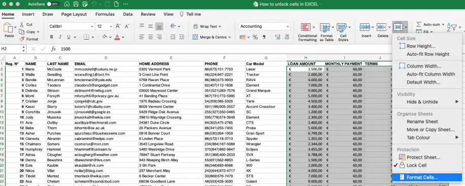 Déverrouiller certaines cellules dans Excel : menu déroulant Format avec Format de cellule sous Protection
