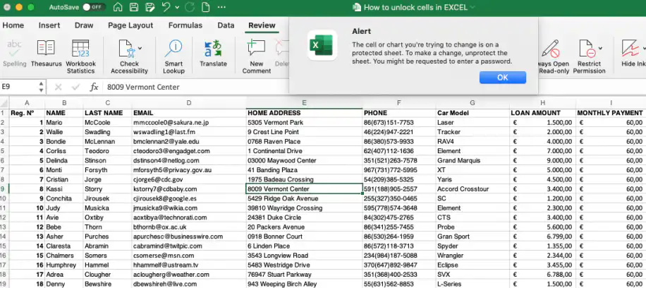 Déverrouiller certaines cellules dans Excel : alerte de feuille protégée après un double-clic sur une cellule verrouillée
