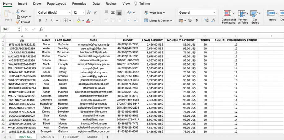 VLOOKUP entre duas pastas de trabalho — pasta de trabalho CLIENT INFO com colunas de VIN, nome, e-mail e empréstimo
