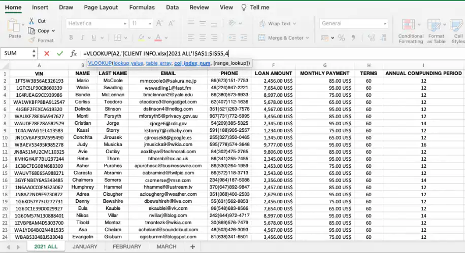 VLOOKUP entre duas pastas de trabalho — fórmula com 4 como col_index_num para a coluna EMAIL