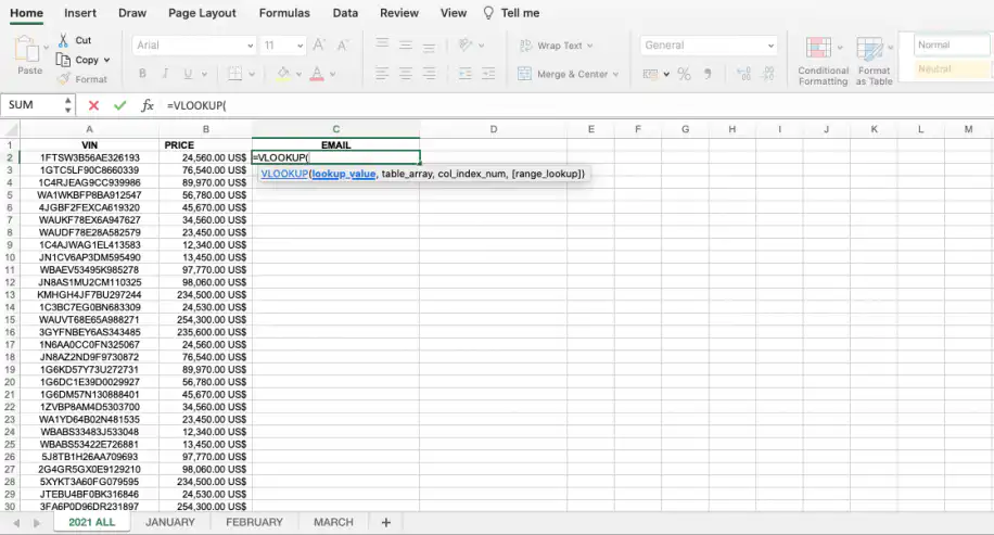 VLOOKUP entre duas pastas de trabalho — =VLOOKUP( digitado na coluna EMAIL do arquivo de registro de carros