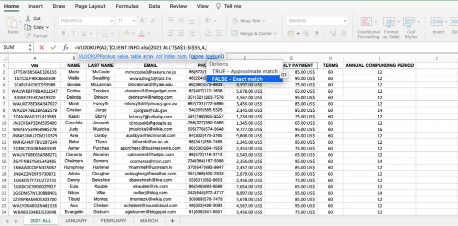 VLOOKUP entre duas pastas de trabalho — opções de range_lookup com FALSE - Exact match destacado