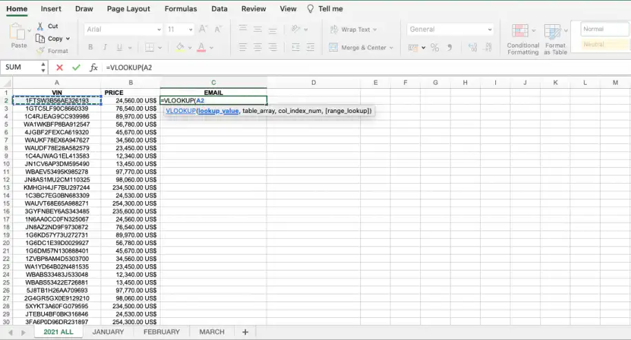 VLOOKUP entre duas pastas de trabalho — =VLOOKUP(A2 com a primeira célula VIN selecionada