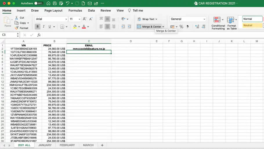 VLOOKUP entre duas pastas de trabalho — primeiro e-mail retornado no arquivo CAR REGISTRATION 2021
