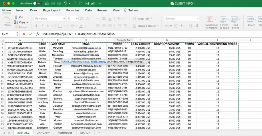 VLOOKUP entre duas pastas de trabalho — intervalo de CLIENT INFO.xlsx entre colchetes como table_array