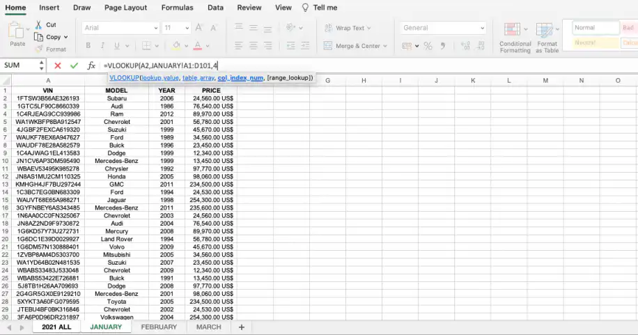 VLOOKUP no Excel a partir de outra planilha — fórmula com 4 como col_index_num para a coluna PRICE