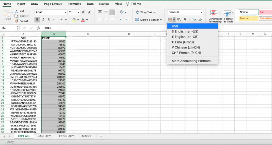 VLOOKUP no Excel a partir de outra planilha — menu de moeda aberto com US$ e outros formatos