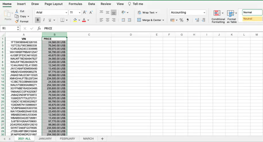 VLOOKUP no Excel a partir de outra planilha — coluna PRICE formatada com valores em US$
