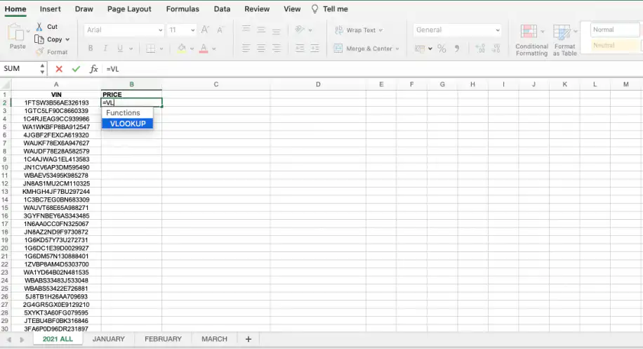VLOOKUP no Excel a partir de outra planilha — digitando =VL com o VLOOKUP sugerido na lista de funções