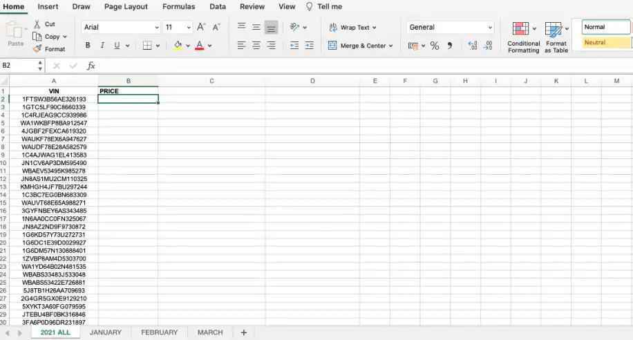 VLOOKUP no Excel a partir de outra planilha — planilha 2021 ALL com a coluna VIN e uma coluna PRICE vazia