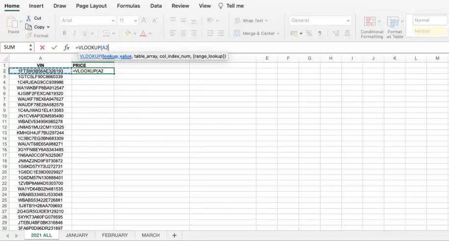 VLOOKUP no Excel a partir de outra planilha — =VLOOKUP(A2 com a primeira célula VIN selecionada como lookup_value