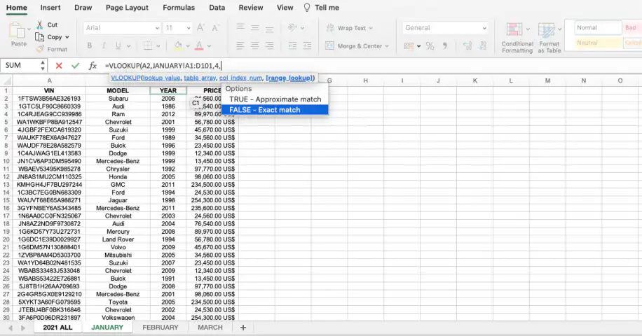 VLOOKUP no Excel a partir de outra planilha — opções de range_lookup com FALSE - Exact match destacado