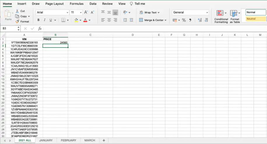 VLOOKUP no Excel a partir de outra planilha — primeira célula PRICE da planilha 2021 ALL mostrando 24560