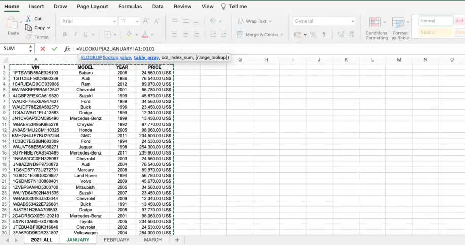 VLOOKUP no Excel a partir de outra planilha — JANUARY!A1:D101 selecionado como table_array na aba JANUARY
