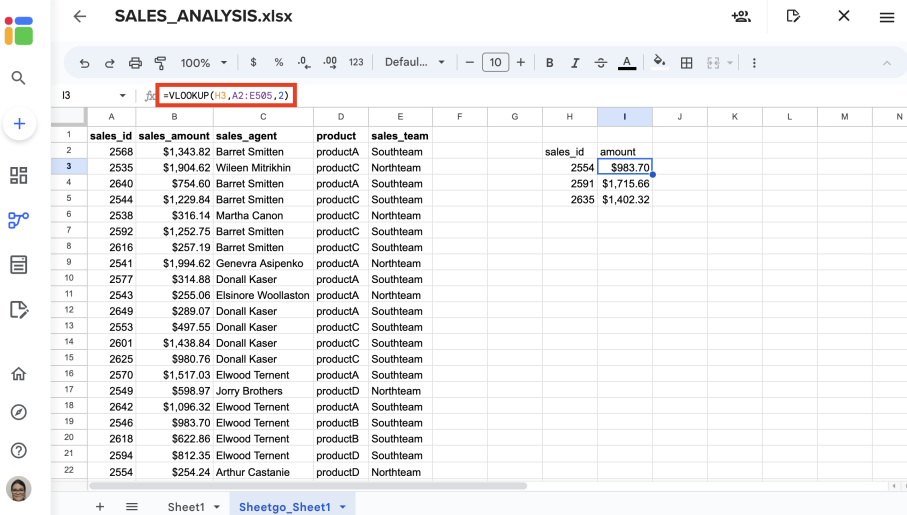 VLOOKUP entre pastas de trabalho com o Sheetgo — VLOOKUP na aba importada retornando valores por sales_id