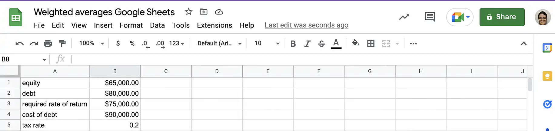 Weighted average cost of capital in Google Sheets — equity, debt, required rate of return, cost of debt and tax rate in column B