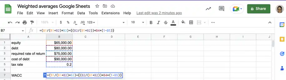 WACC formula in Google Sheets — =(B1/(B1+B2)*B3)+((B2/(B1+B2))*B4*(1-B5)) in cell B7
