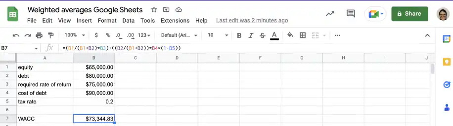 WACC in Google Sheets — result of $73,344.83 in cell B7