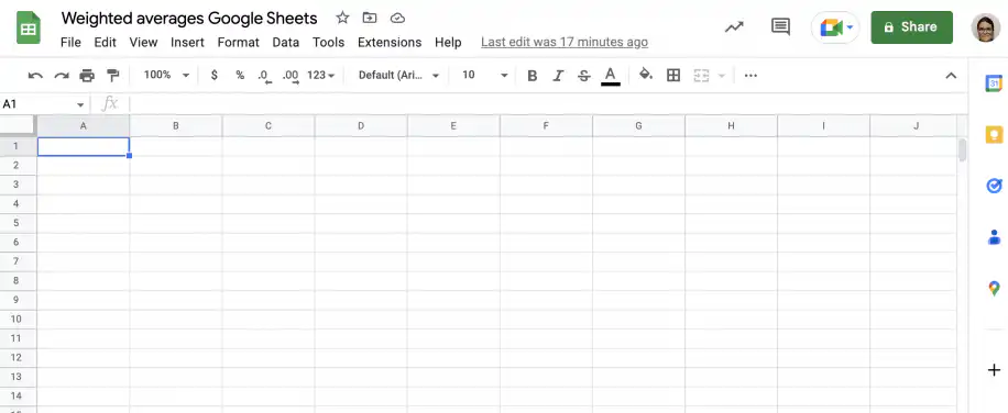 Weighted average formula in Sheets — blank Weighted averages Google Sheets spreadsheet with cell A1 selected