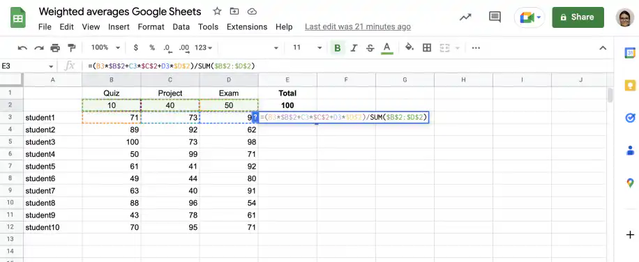 Weighted average formula in Sheets — =(B3*$B$2+C3*$C$2+D3*$D$2)/SUM($B$2:$D$2) in cell E3