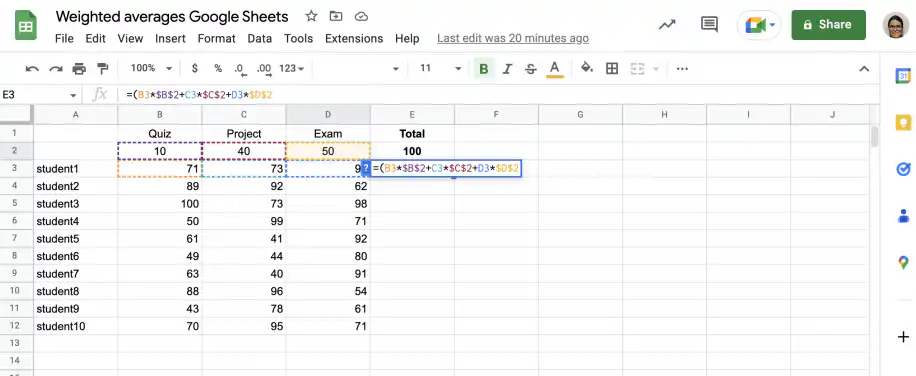 Weighted average formula in Sheets — D3*$D$2 added for the exam grade and weight