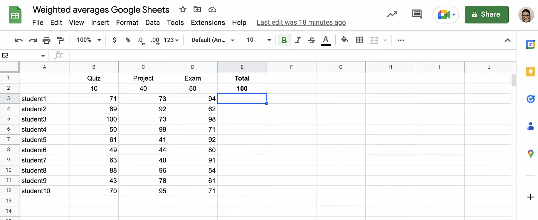 Weighted average in Google Sheets — Quiz, Project and Exam weights of 10, 40 and 50 with grades for student1 to student10