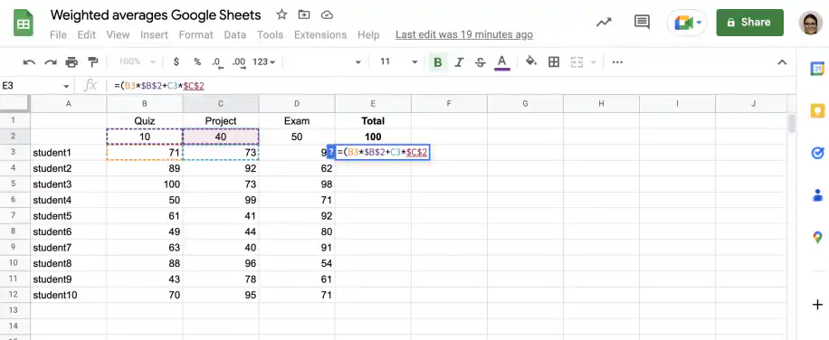 Weighted average formula in Sheets — C3*$C$2 added for the project grade and weight