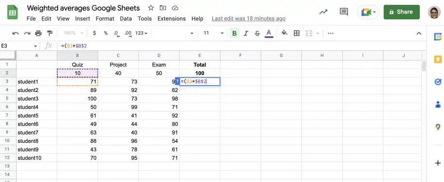Weighted average formula in Sheets — =(B3*$B$2 in cell E3 multiplying the quiz grade by the quiz weight