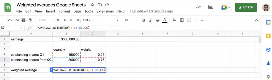 Weighted average shares outstanding — =AVERAGE.WEIGHTED(B4,C4,B5,C5) in cell B7