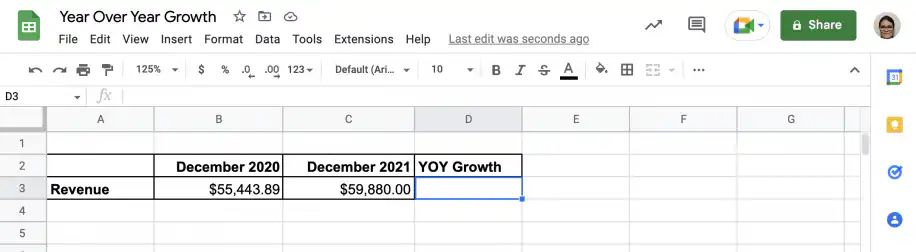 Croissance en glissement annuel — chiffre d'affaires de décembre 2020 et décembre 2021 avec la cellule YOY Growth vide