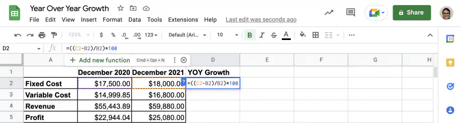 Formule de croissance YOY — =((C2-B2)/B2)*100 dans la cellule D2 pour les coûts fixes